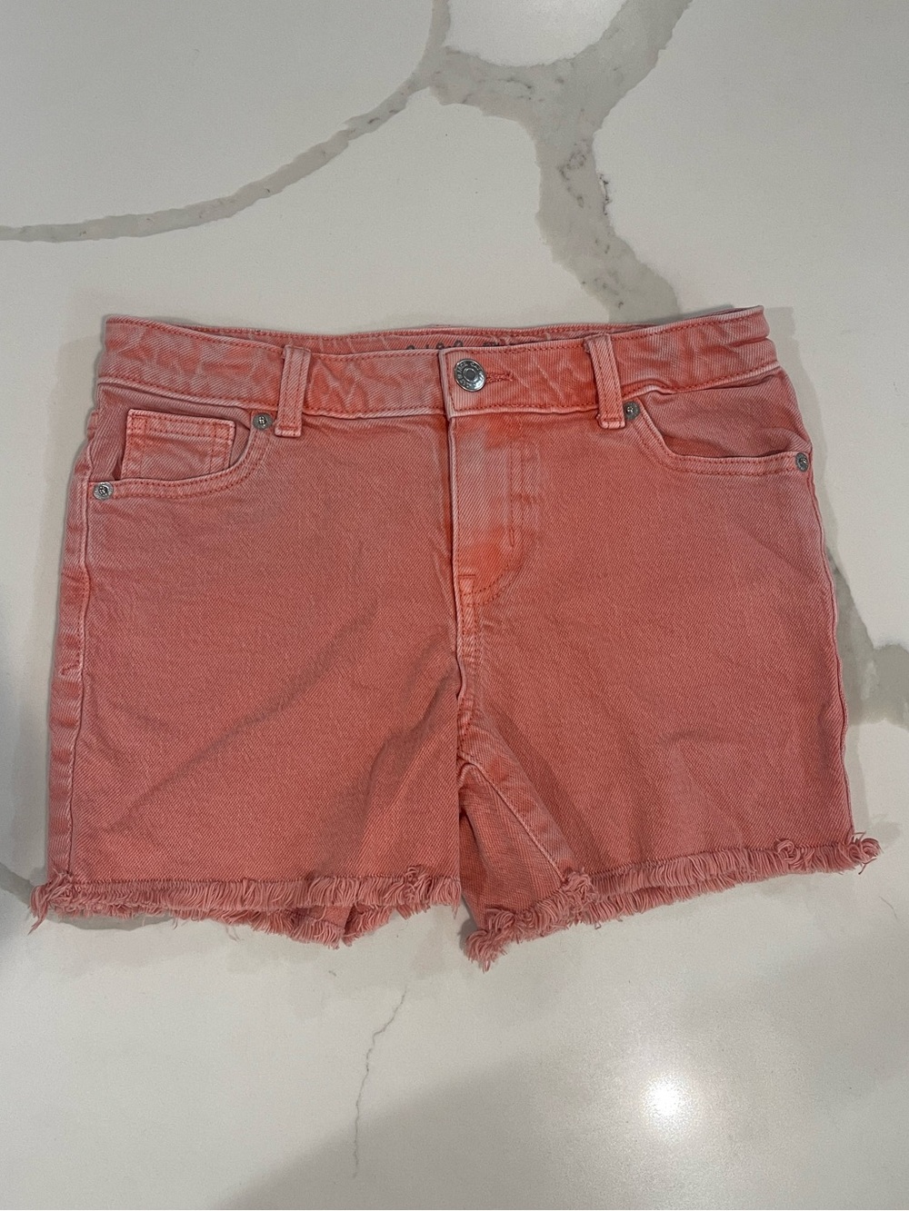 Girl's Coral Denim Frayed-Hem Shorts Size 10/12